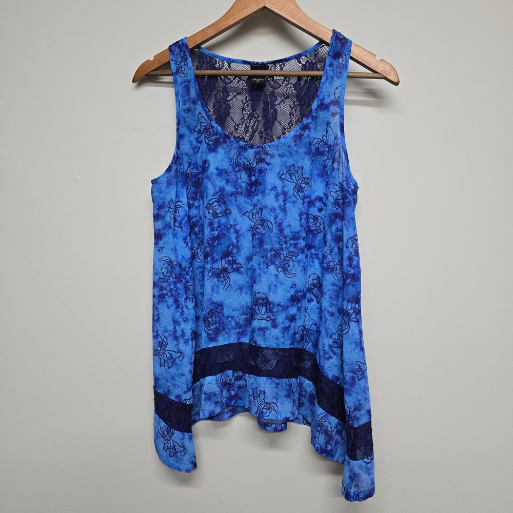 Disney Stitch Tank Top Womens Medium‎ Blue Tie Dye Lace Racerback Kawaii Y2K